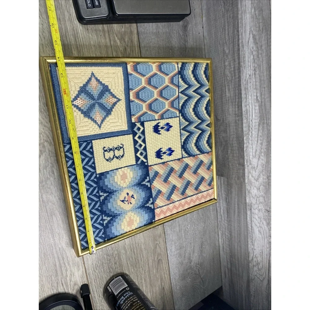 VTG Cross Stitch, 14x15 Art Deco Textile Tapestry‎ Blue Pink Off-White Letter B